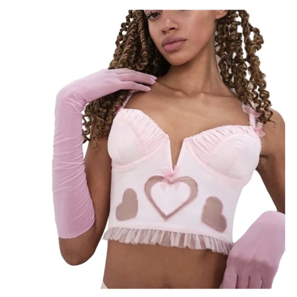 For Love & Lemons Pink Heart Mesh Corset Top With Ruffle Trim XXS